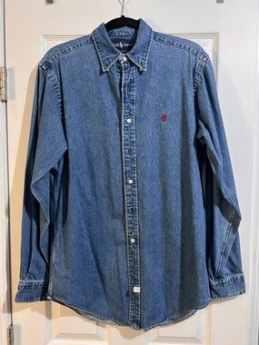 Ralph Lauren Men's Blue Denim Button-Down Shirt with Red Pony